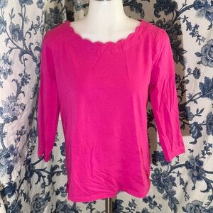 Talbots Hot Pink Scalloped Neck 3/4 Sleeve Tee